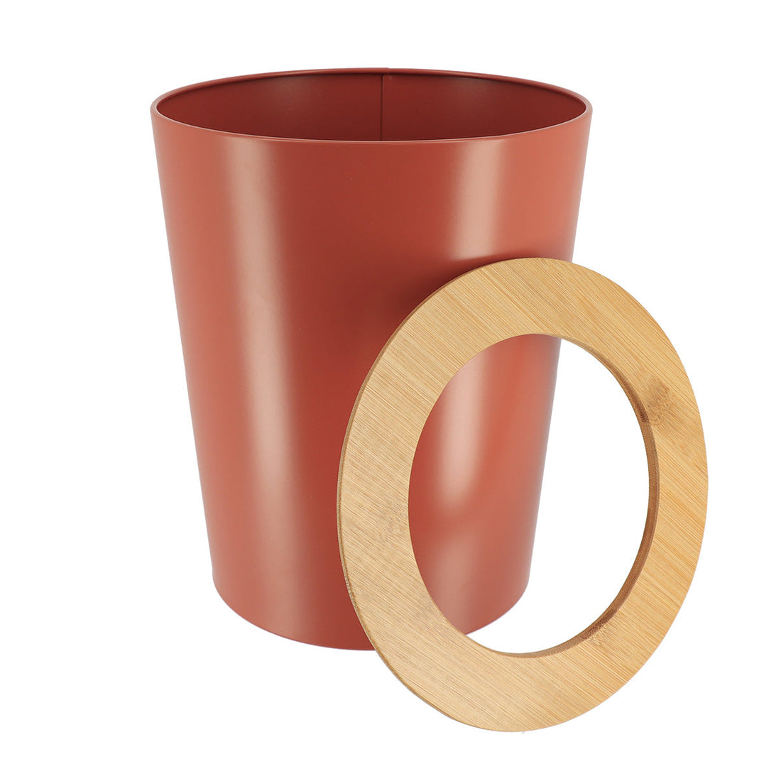 Coș De Gunoi Metalic Conic Cu Capac Din Bambus 5L- Terracotta/ Bambus