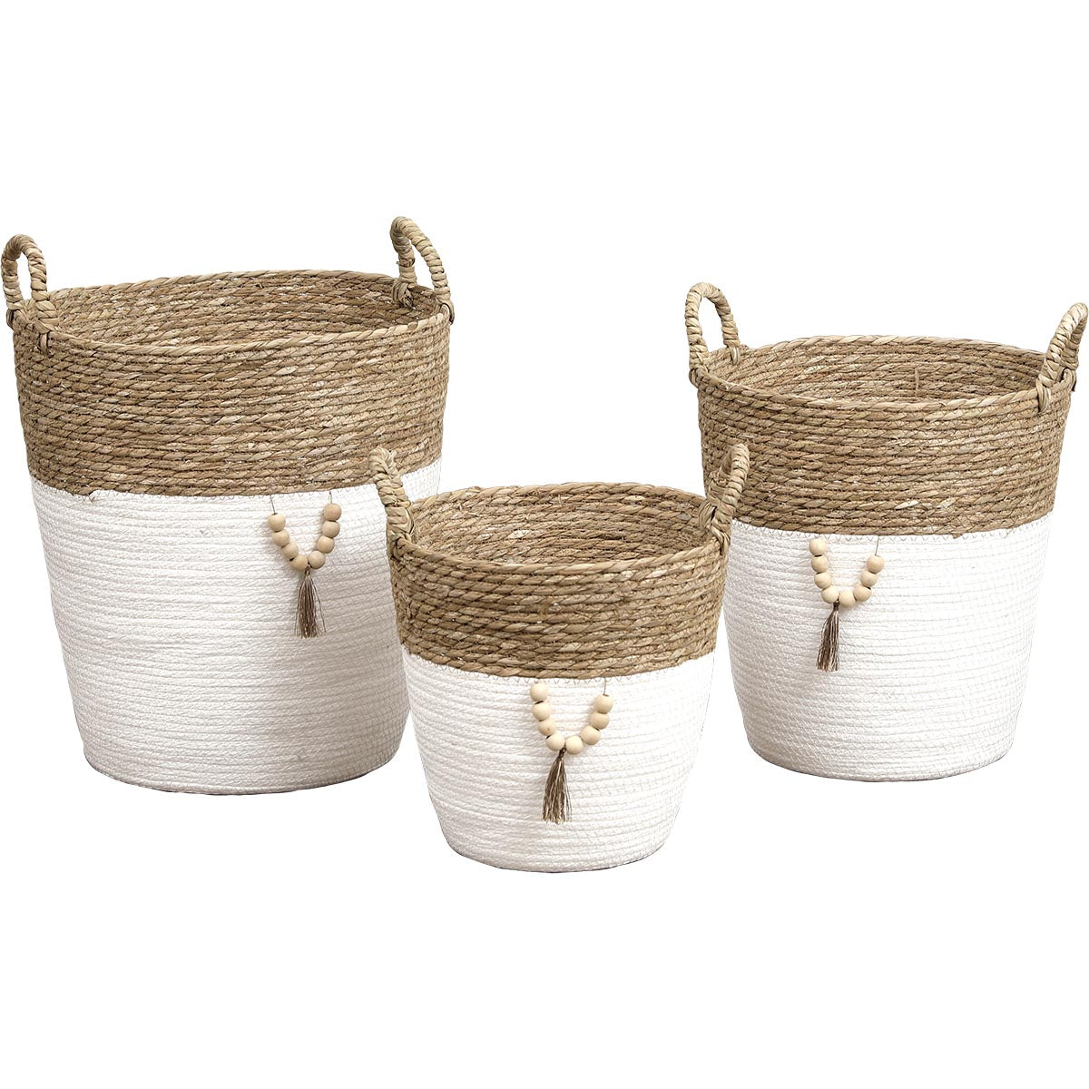 Set de 3 Coșuri Rotunde Pentru Rufe din Iarbă de Mare și Hârtie cu Decor - Natural/Alb