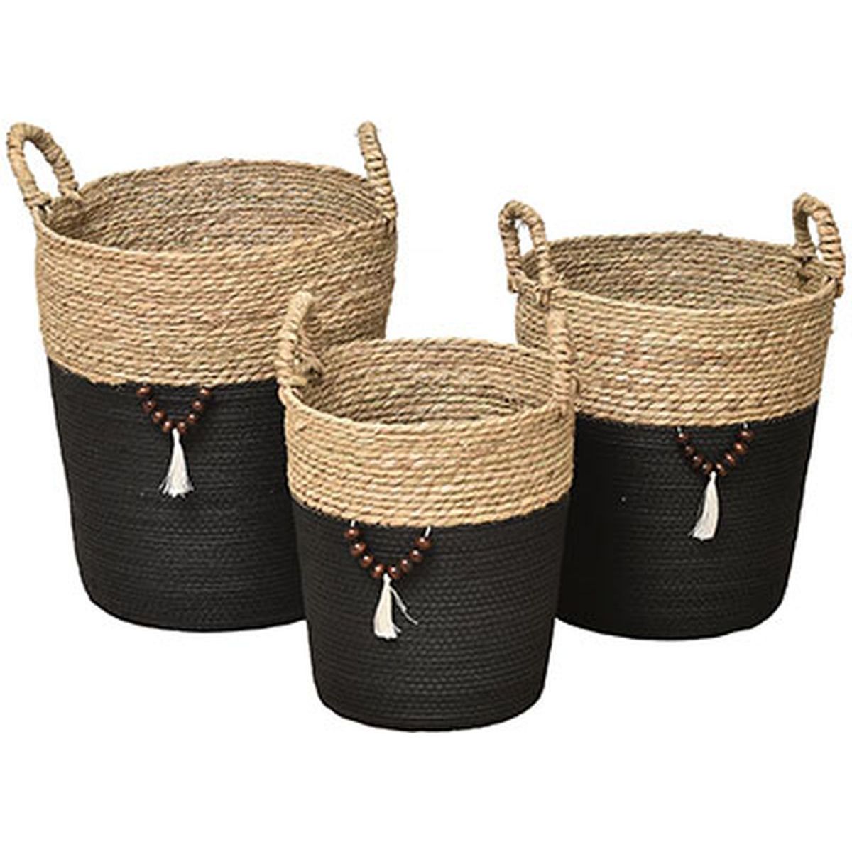 Set de 3 Coșuri Rotunde Pentru Rufe din Iarbă de Mare și Hârtie cu Decor - Natural/Negru