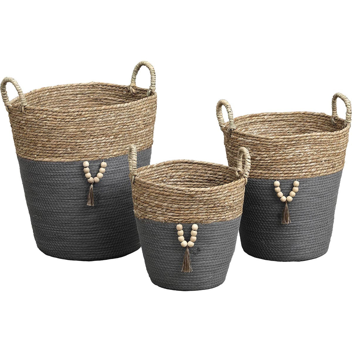 Set de 3 Coșuri Rotunde Pentru Rufe din Iarbă de Mare și Hârtie cu Decor - Natural/Gri