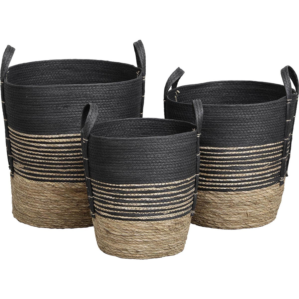 Set de 3 Coșuri Rotunde din Iarbă de Mare și Hârtie - Natural/Negru