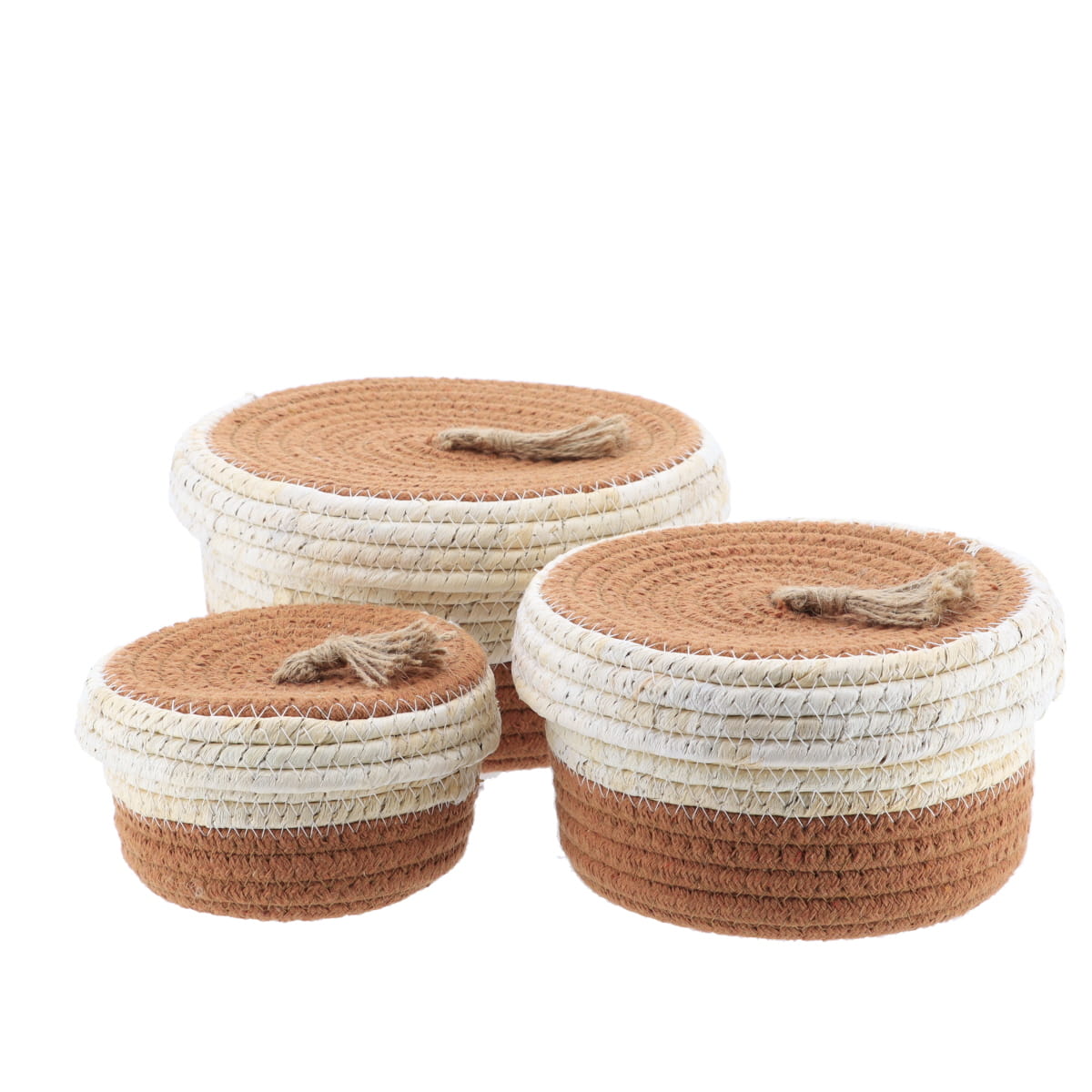 Set de 3 Coșuri din Bumbac și Frunze de Porumb - Natural/Caramel