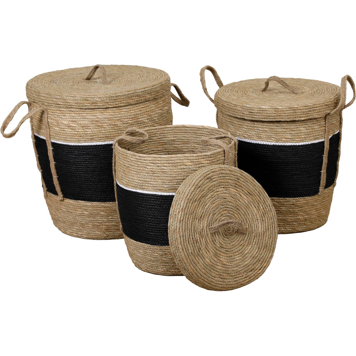 Set de 3 Coșuri Pentru Rufe cu Capac din Hârtie și Paie - Natural/Negru