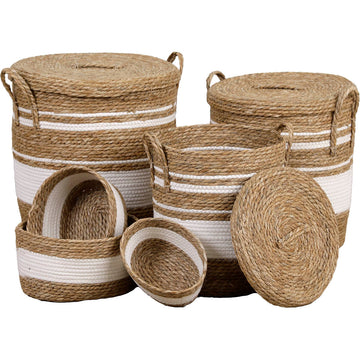 Set de 3 Coșuri Pentru Rufe cu Capac din Paie și Bumbac - Natural/Alb