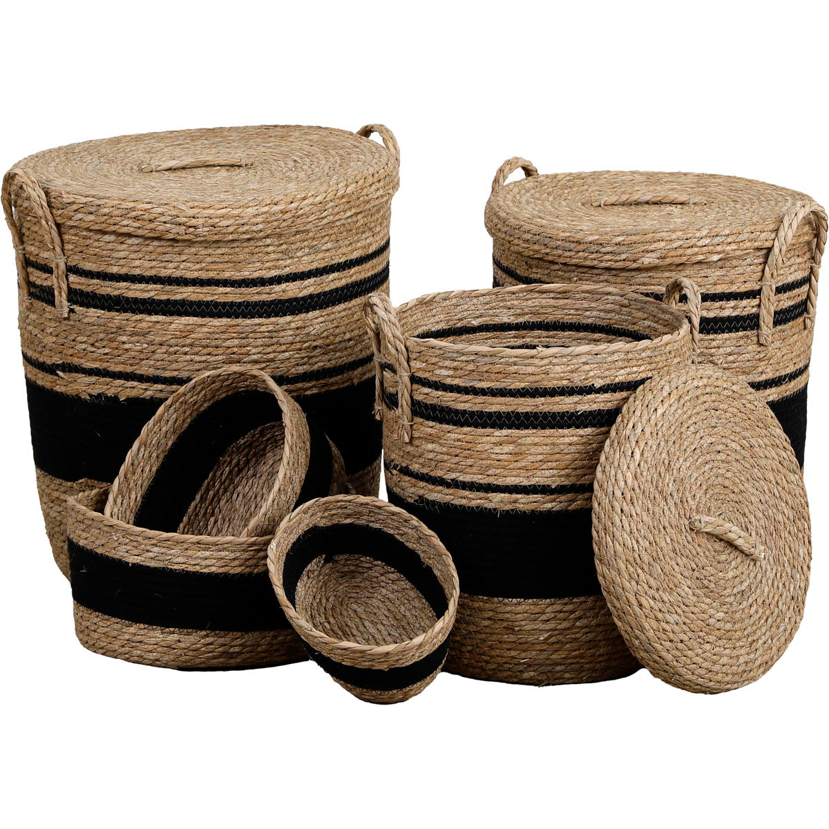 Set de 3 Coșuri Pentru Rufe cu Capac din Paie și Bumbac - Natural/Negru