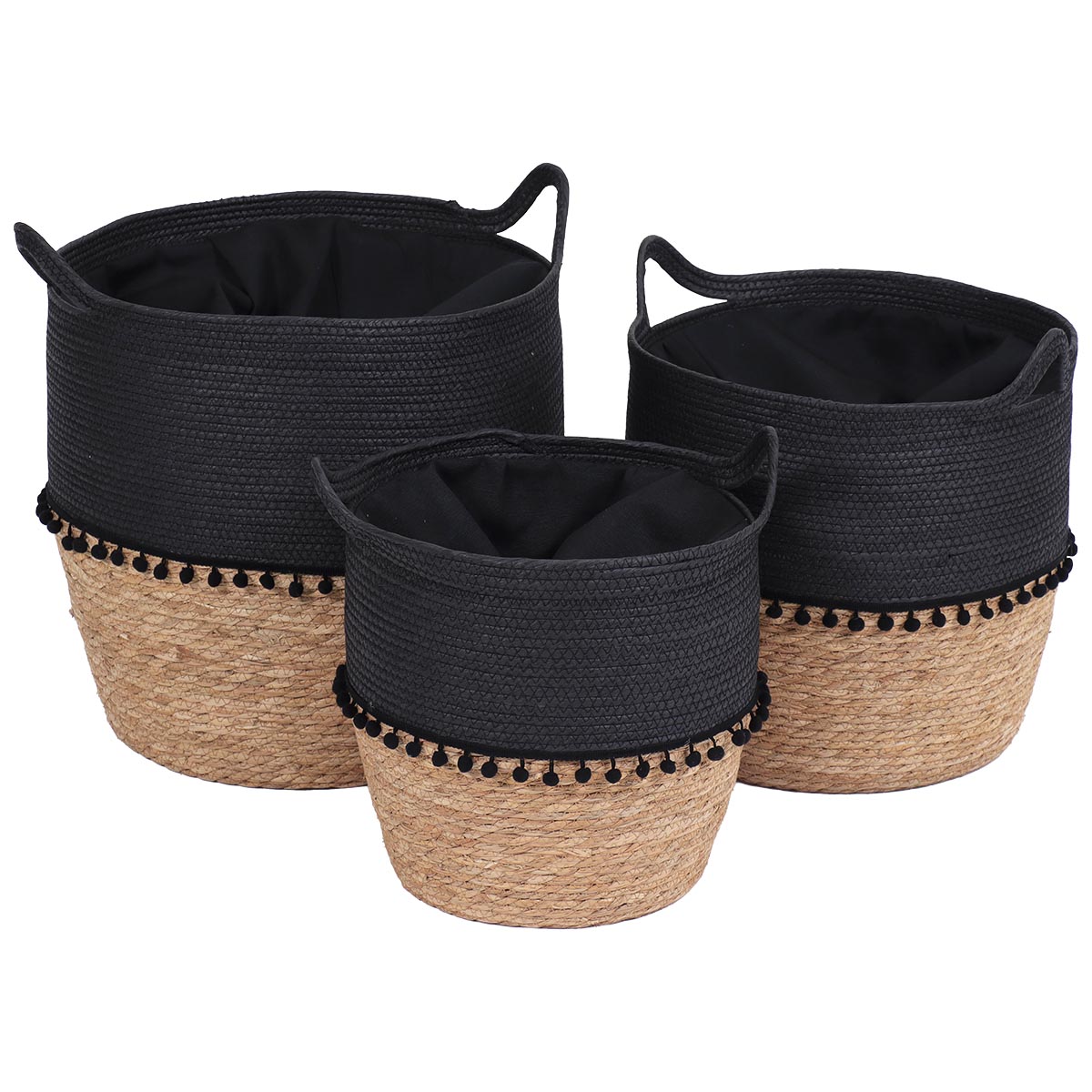 Set de 3 Coșuri din Paie și Hârtie cu Mânere și Pomponi - Negru/Natural