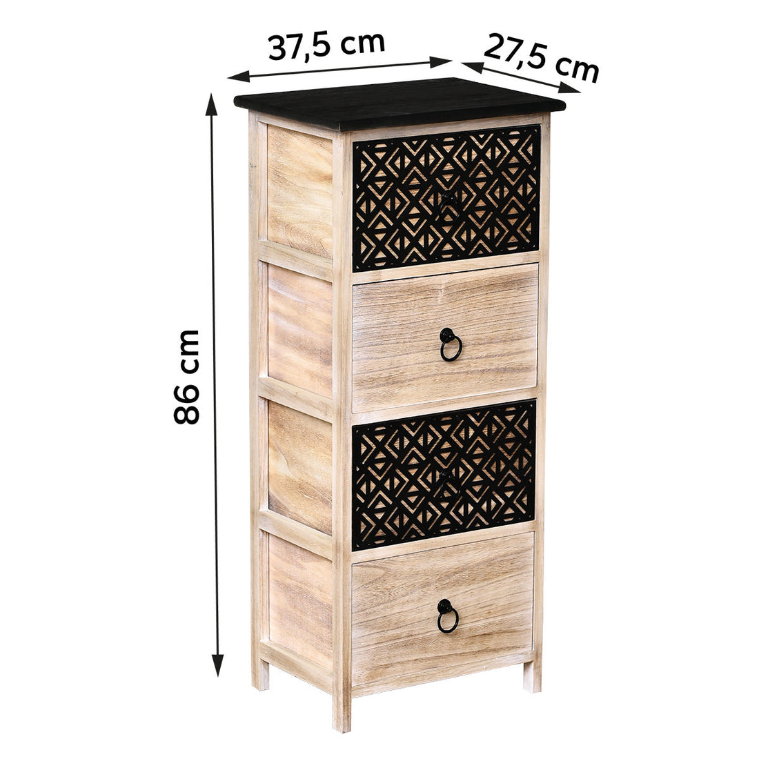 Mobilier din MDF/Paulownia cu 4 Sertare și Mânere Rotunde din Metal - Natural/Negru cu Gravură (Copy)