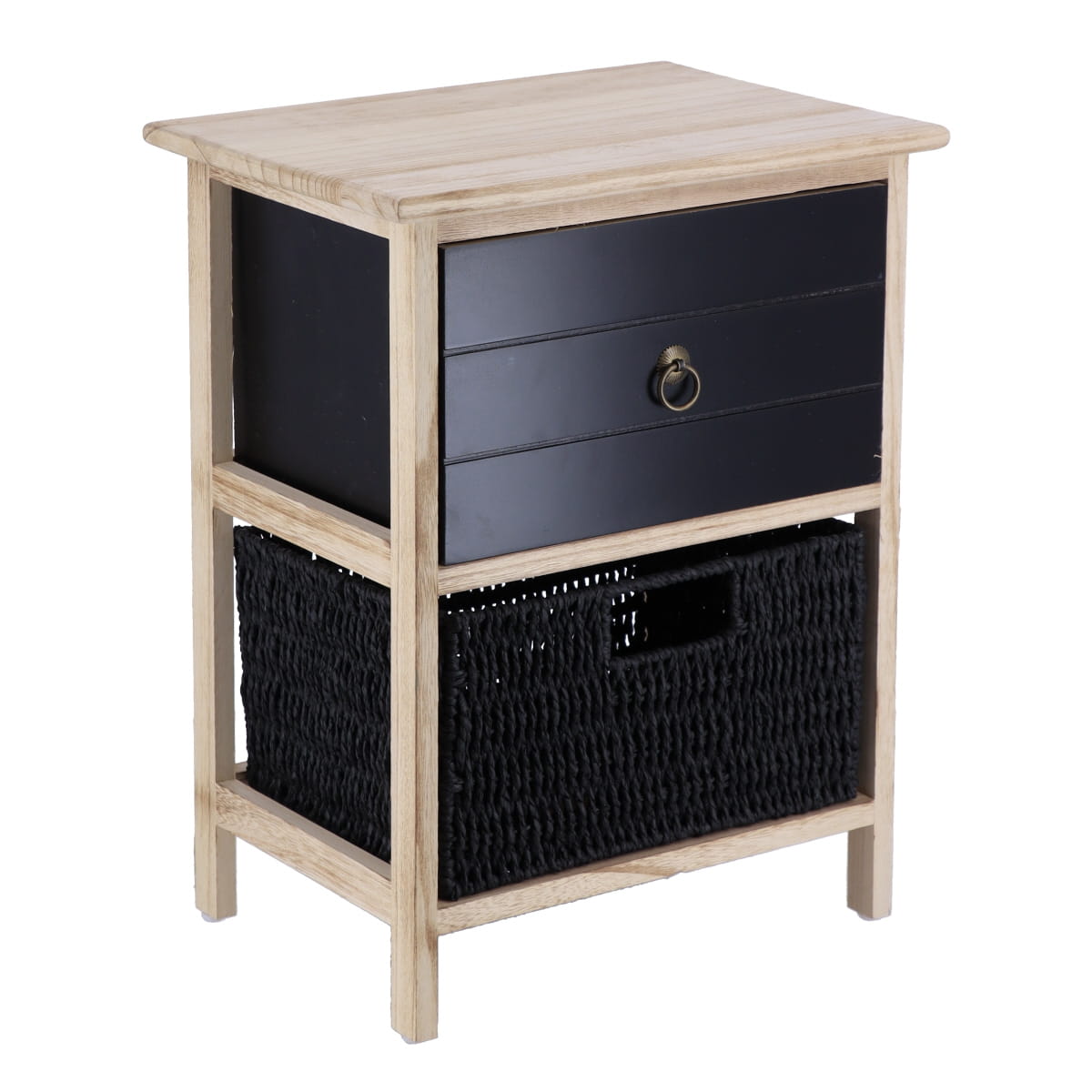 Mobilier mic din Paulownia/MDF cu 1 Sertar, Buton Negru și 1 Coș din Hârtie - Negru