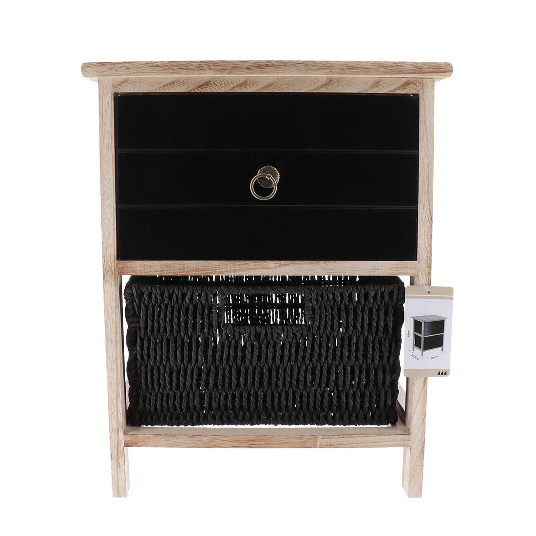 Mobilier mic din Paulownia/MDF cu 1 Sertar, Buton Negru și 1 Coș din Hârtie - Negru