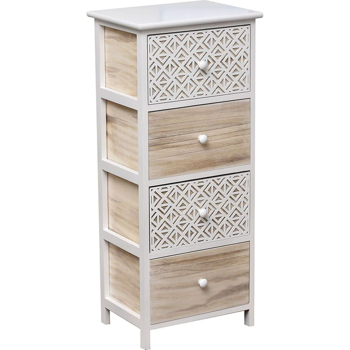 Mobilier din Paulownia - 4 Sertare cu Mânere din Metal - Alb/Gri