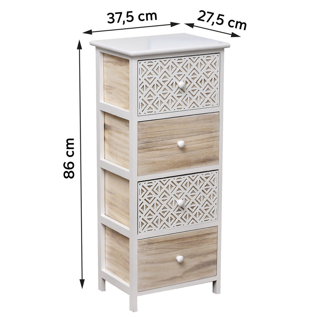 Mobilier din Paulownia - 4 Sertare cu Mânere din Metal - Alb/Gri