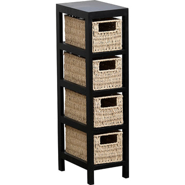 Mobilier din MDF/Paulownia Negru cu 4 Coșuri din Hârtie Împletită - Negru/Natural