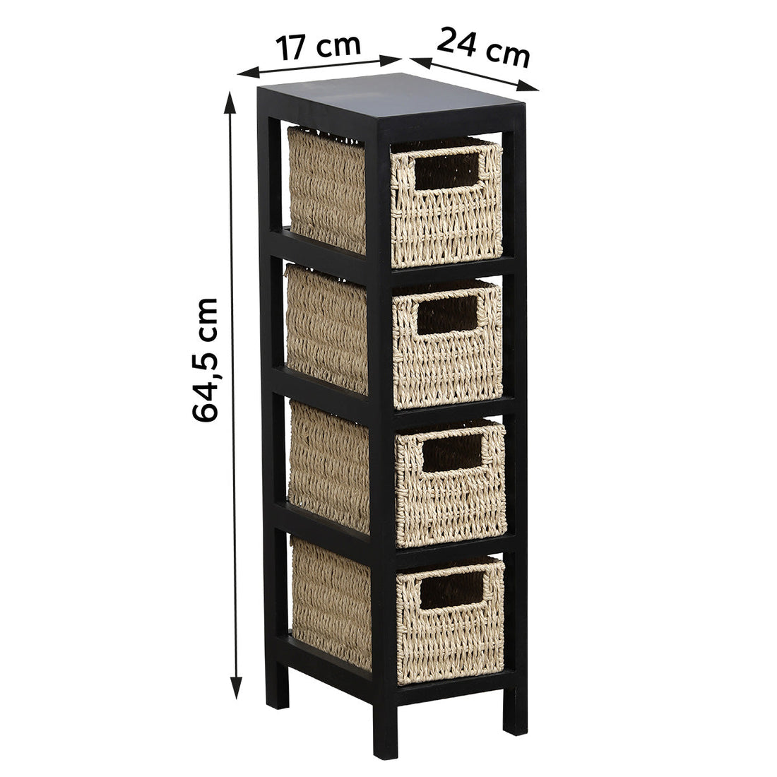 Mobilier din MDF/Paulownia Negru cu 4 Coșuri din Hârtie Împletită - Negru/Natural