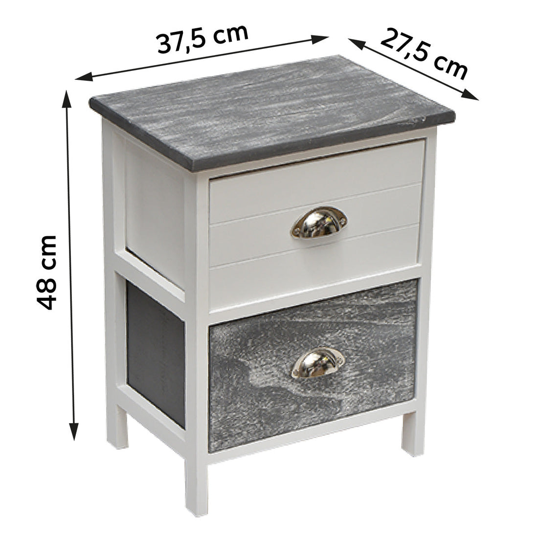 Mobilier mic din Paulownia/MDF cu 2 Sertare și Mânere din Metal - Bicolor Alb/Gri Spălat